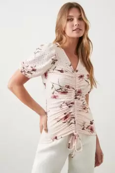 Image of Ruched Front Drawstring Broderie Top