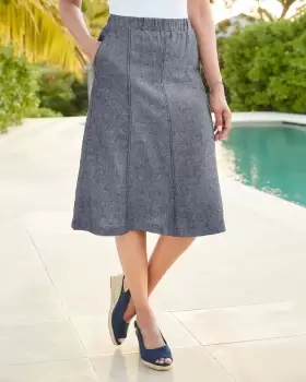 Image of Cotton Traders Womens Linen-Blend Pull-On Midi Skirt in Blue