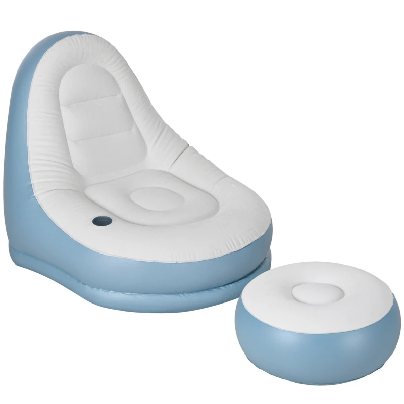 Image of Outsunny Inflatable Chair and Footstool for Gaming - Reading - Watching - White and Blue TJ Hughes 5063603014435