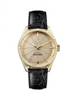 Image of Vivienne Westwood Vivienne Westwood Conduit Gold Dial Black Leather Strap Watch