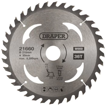 Image of 21660 TCT Circular Saw Blade for Wood 210 x 30mm 36T - Draper