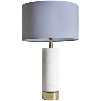 Image of White Marble and Brass Cylinder Table Lamp with Fabirc Lampshade - Dark Grey