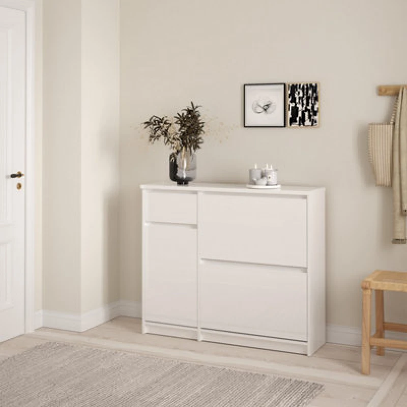 Image of Furniture To Go Naia Shoe Cabinet With 2 Flip Down Doors 1 Door And 1 Drawer In White High Gloss (W) 108.9 X (H) 92.9 X (D) 31.5Cm