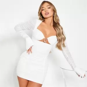 Image of I Saw It First Mesh Long Sleeve Ruched Detail Bodycon Dress - White