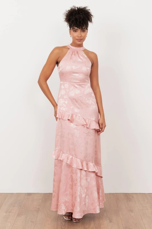 Image of Maya Deluxe Womens Floral Jacquard Satin Halter Neck Maxi Dress in Light Pink Size: 16 Light Pink Female 16