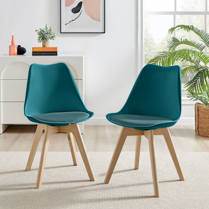 Image of FurnitureboxUK FurnitureboxUK Set of 2 Stockholm Natural Birch Wood Scandi Minimalist Dining Chairs with Faux Leather Cushion in Teal Teal One Size Un