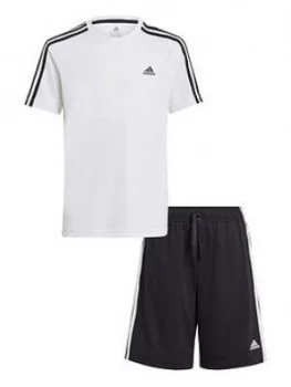Image of adidas Boys Junior B 3-Stripes T-Shirt and Shorts Set - White/Black, Size 7-8 Years