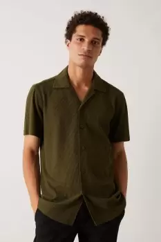 Image of Slim Fit Khaki Jersey Rib Revere Shirt