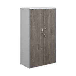 Image of Duo double door cupboard 1440mm high with 3 shelves - white with grey oak doors