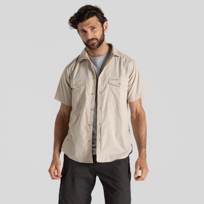 Image of Craghoppers Craghoppers Men NosiDefense Cotton-Blend 'Kiwi' Short Sleeve Shirt in Beige Size: X-Large Beige XL Male 5054904523177