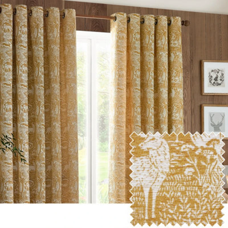 Image of Winter Woods Animal Chenille Eyelet Curtains Ochre, Ochre / 117 x 183cm