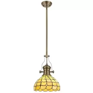 Image of 1 Light Telescopic Ceiling Pendant E27 With 30cm Tiffany Shade, Antique Brass, Beige, Clear Crystal - Luminosa Lighting