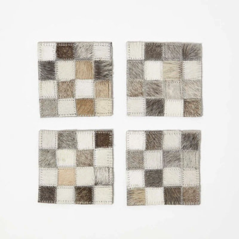 Image of Homescapes Block Check Grey Leather Coasters Set of 4 Grey