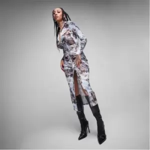 Image of Missguided Renaissance Print Ruched Button Through Midaxi Dress - Multi