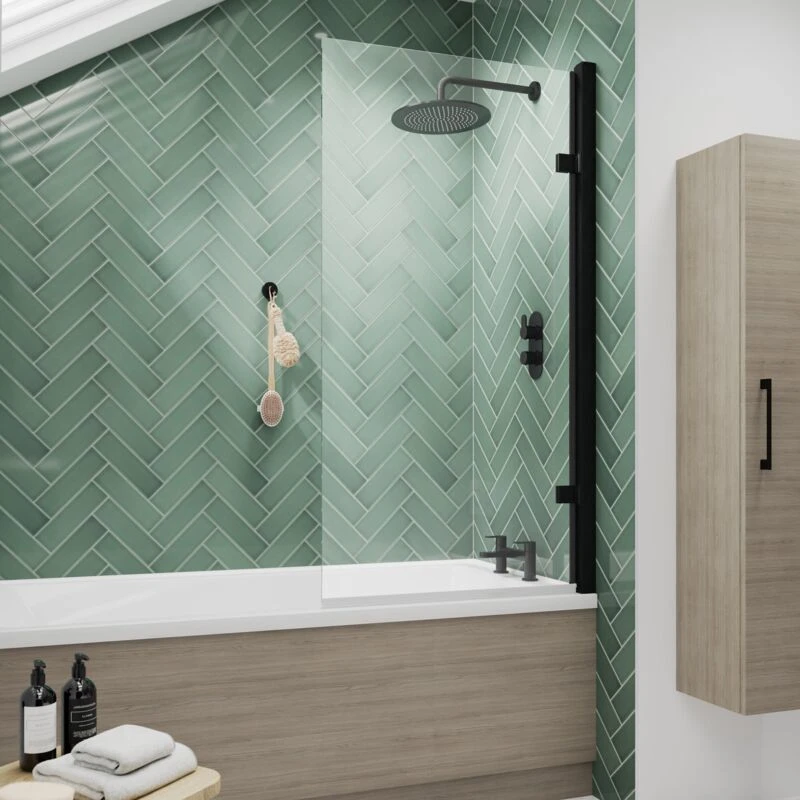 Image of nuie Square 8mm Toughened Safety Glass Hinged Shower Bath Screen - Black NSSQ7BP