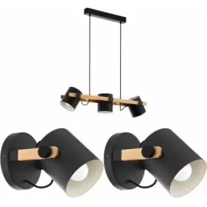 Image of Ceiling Pendant Light & 2x Matching Wall Lights Black & Wood Adjustable Shade