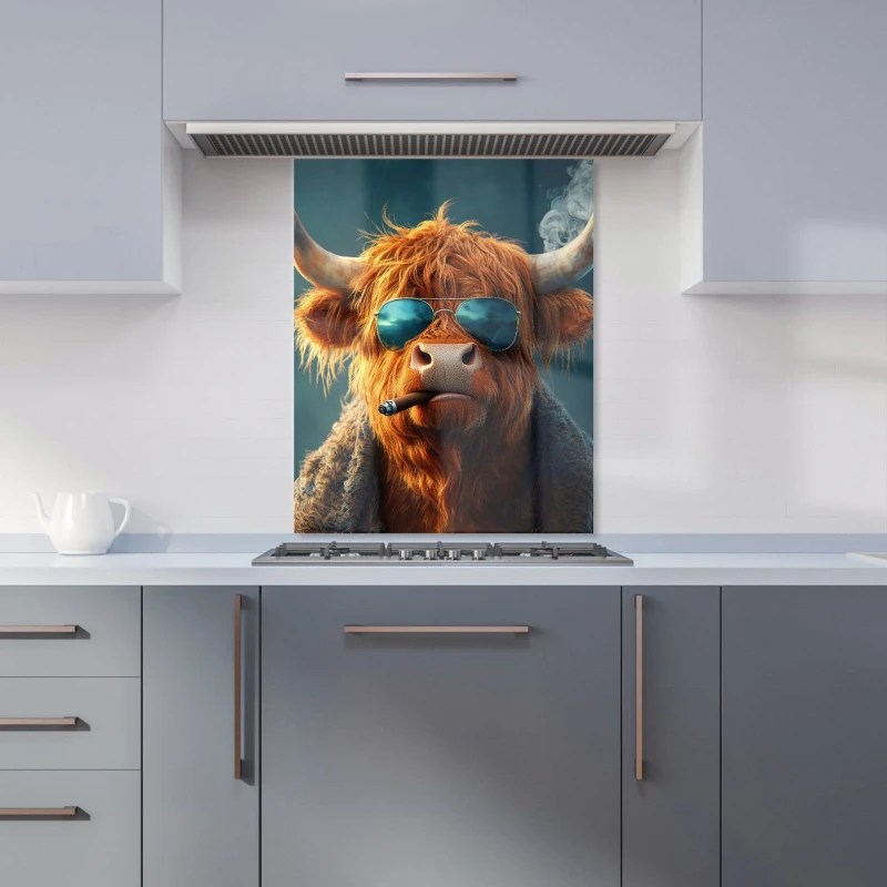 Image of Warren Reed - Designer Highland Cow With Glasses Kitchen Splashback in Blue Size: 600mm x 750mm Blue Unisex 600mm x 750mm