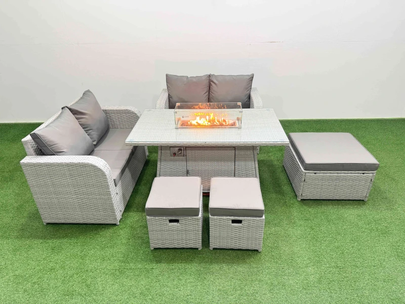 Image of Fimous 7 Seater Outdoor Love Sofa Set Rattan Garden Furniture Set with Firepit Dining Table 3 Footstool Light Grey Light Grey