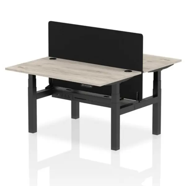 Image of Air Air Back-to-Back 1400 x 800mm Height Adjustable 2 Person Bench Desk Grey Oak Top with Cable Ports Black Frame with Black Straight Screen HASCP2P1