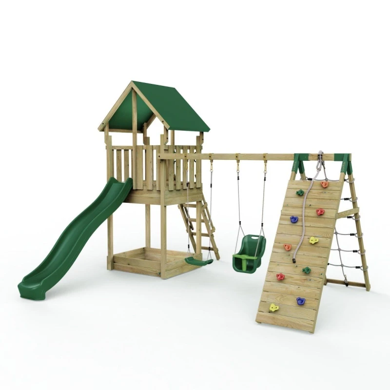 Image of Rebo Wooden Climbing Frame with Play Tower and Slide - M1 Haldon Climbing Wall Brown