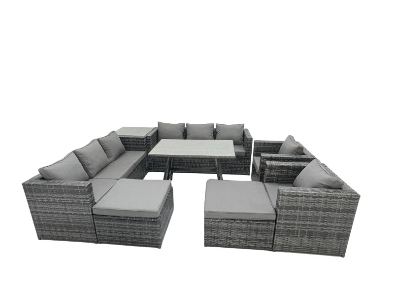 Image of Fimous Rattan Dining Table Sofa Set with Side Table 2 Big Footstools 10 Seat in Dark Grey Dark Grey Unisex