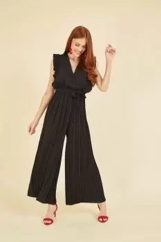 Image of Black Pleated Wrap Jumpsuit With Frill Detail