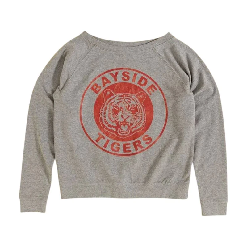 Image of Saved By The Bell Bayside Tigers Logo Off-Shoulder Sweatshirt in Grey Size: Large Grey Unisex L