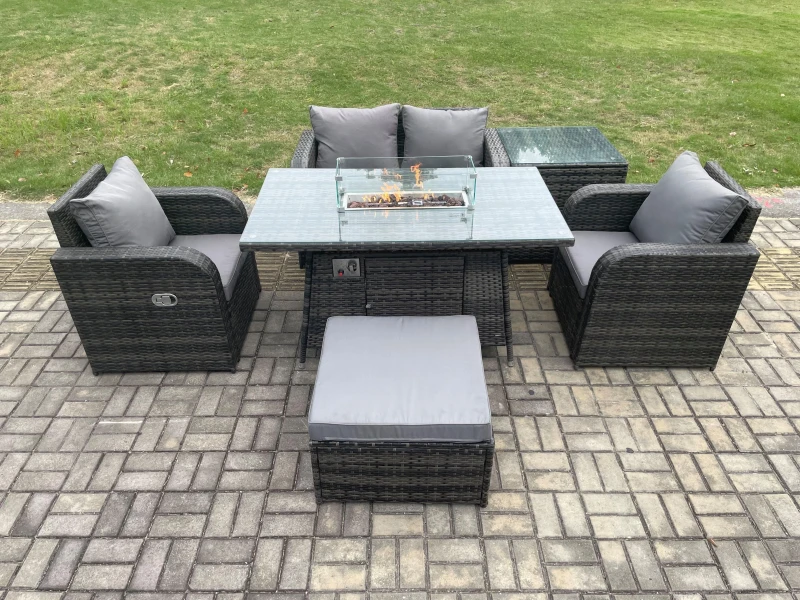 Image of Fimous Rattan Outdoor Garden Furniture Set Gas Fire Pit Dining Table with Side Table Chair Love seat Sofa Footstool Dark Grey