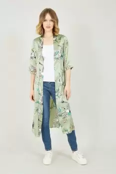 Image of Khaki Green Satin Crane Kimono