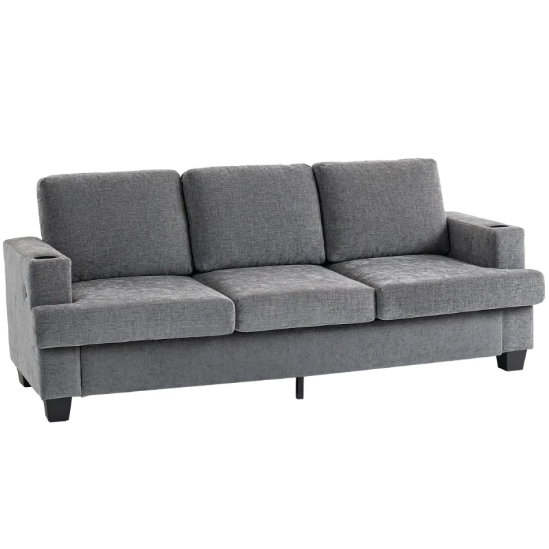 Image of HOMCOM HOMCOM 3 Seater Sofa, Fabric Sofa with USB Ports and Cup Holders, Grey Grey 3 Seater Unisex 5063603238763
