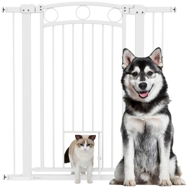 Image of PawHut Stair Gate with Cat Door - Adjustable Width - White - 106cm TJ Hughes 5061025085590