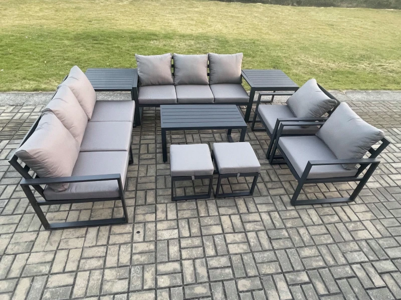Image of Fimous Aluminium Outdoor Garden Furniture Lounge Sofa 2 PC Chairs Oblong Coffee Table Sets with 2 Side Tables 2 Small Footstool Dark Grey Dark Grey Un