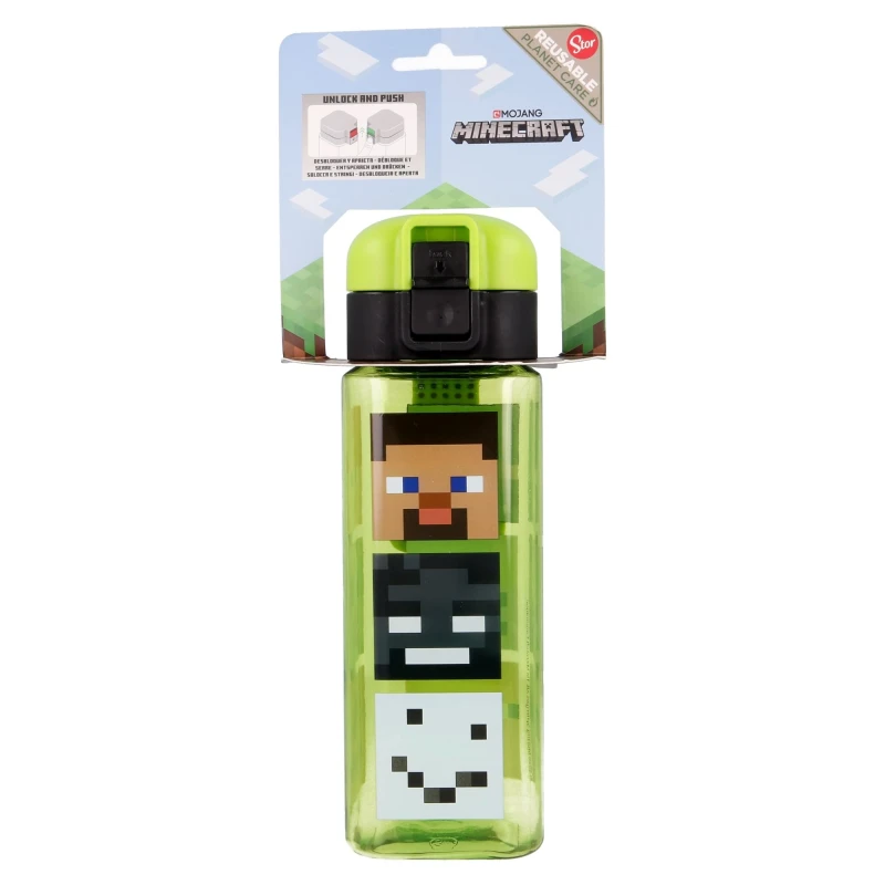 Image of Minecraft Kinder wiederverwendbare Flasche mit Anti-Tropf-System und Tragegriff - einfache Push-Button-Offnung - Bpa frei - leichtes und langlebiges