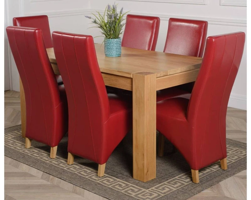 Image of Thats Furniture Kuba 150 x 85cm Chunky Medium Oak Dining Table & 6 Lola Leather Chairs in Red Red Unisex 150 x 85 cm