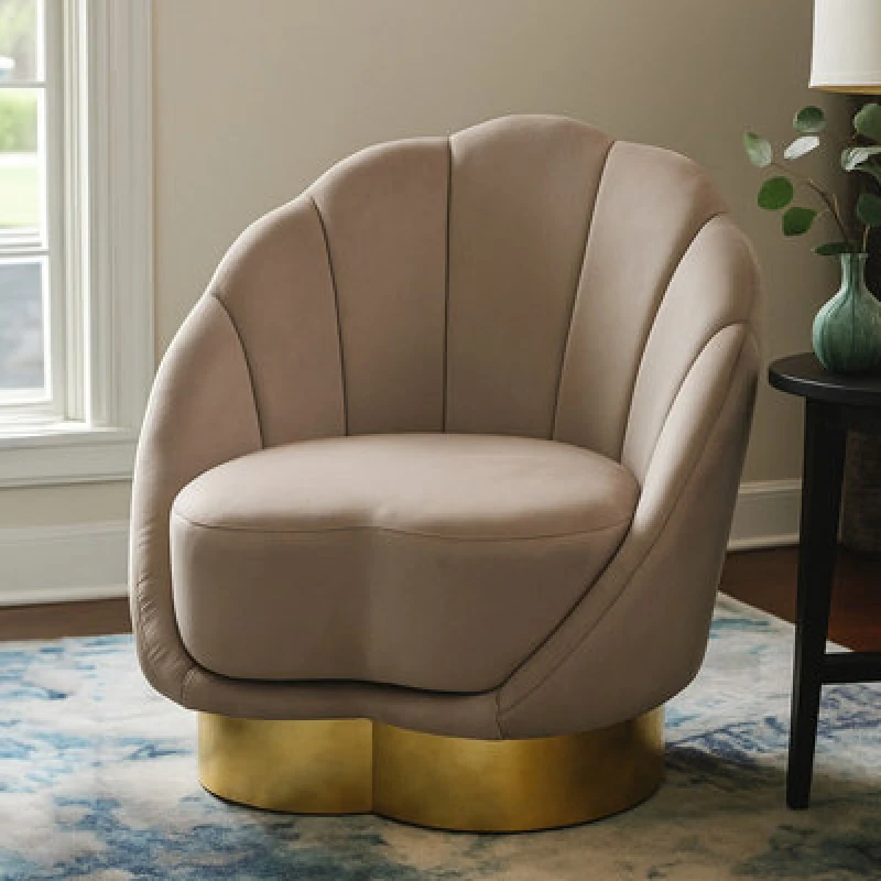 Image of Orsina Mink Velvet Accent Chair, Mink Velvet Upholstery With Scalloped Shell Design, Gold Finish Curved Base