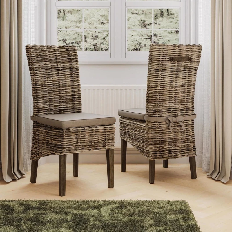 Image of FWStyle Set Of 2 Solid Pine Rattan Greywash Dining Chairs Ready Assembled Grey