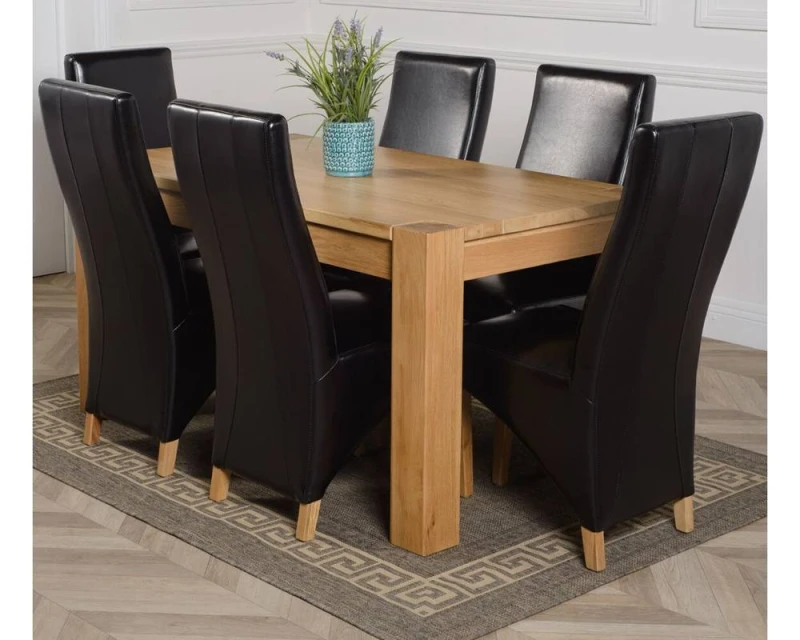 Image of Thats Furniture Kuba 150 x 85cm Chunky Medium Oak Dining Table & 6 Lola Leather Chairs in Black Unisex 150 x 85 cm