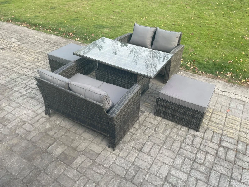 Image of Fimous 5 Pieces Garden Furniture Sets Poly Rattan Outdoor Patio Height Adjustable Rising Lifting Table Sofa Dining Set with 2 Big Footstool Dark Grey