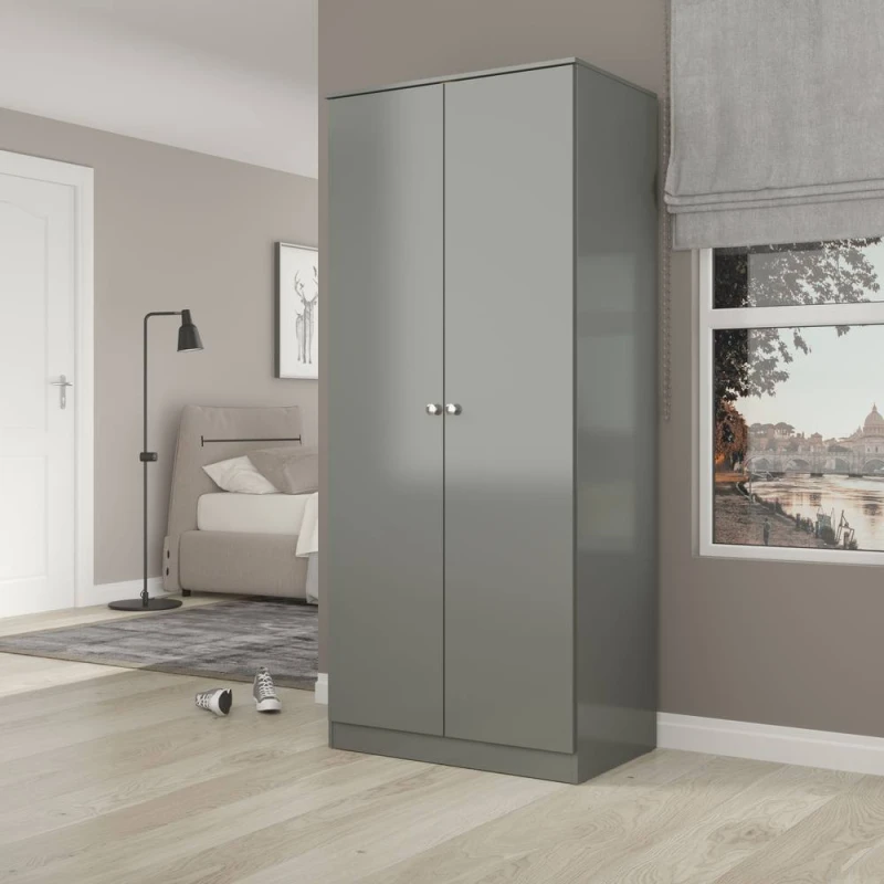 Image of Denver 2 Door Double Wardrobe Grey Gloss Bedroom Hanging Storage Organisation