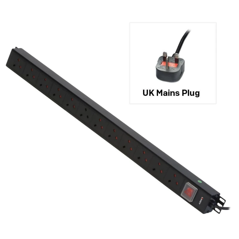 Image of Lindy Lindy 12 Way UK Mains Sockets, Vertical PDU with UK Mains Plug 29983