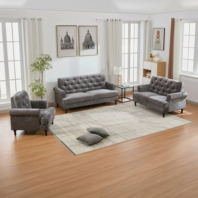 Image of FURNITURE ONE Velvet Tufted Sofa Set, Gray Velvet Sectional Couch Suite-1+2+3 Set in Grey Size: 1 Pack Grey Unisex 1 Pack