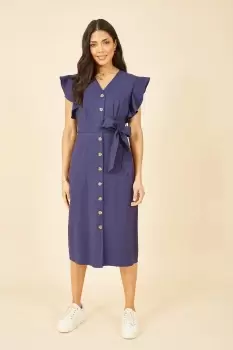 Image of Navy Linen Blend Midi Shirt Dress