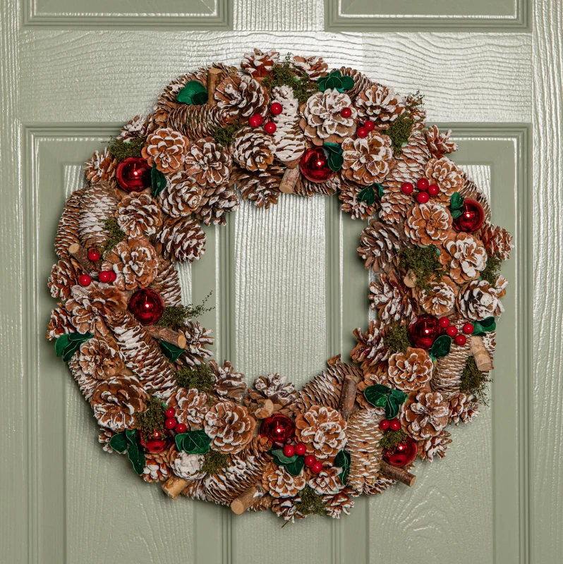 Image of 50cm Hanging Christmas YuleFest Wreath with Red Baubles & Snow Tipped Pine Cones