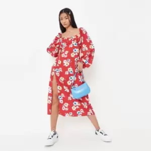 Image of Missguided Floral Midaxi Puff Sleeve Dress - Red