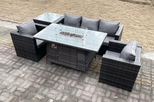 Image of Fimous 5 Seater Outdoor Dark Grey PE Rattan Lounge Sofa Complete Set with Gas Fire Pit Table and Side Coffee Table