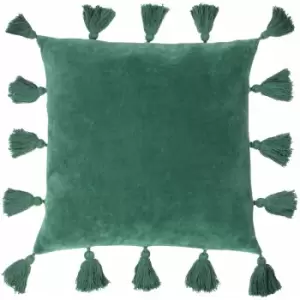 Image of Furn Medina 100% Cotton Faux Velvet Tasselled Cushion Cover, Juniper Green, 45 x 45 Cm