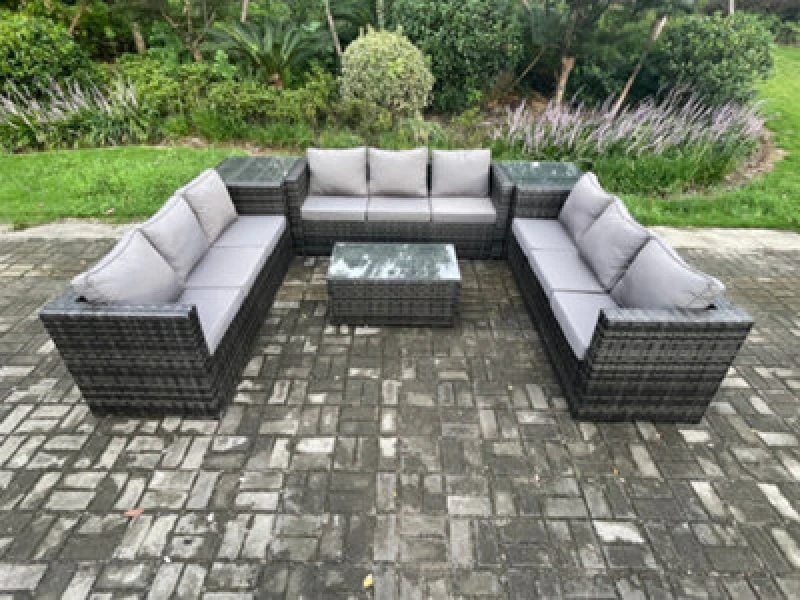 Image of Fimous 9 Seater Outdoor Lounge Sofa Set Wicker PE Rattan Garden Furniture Set with Oblong Coffee Table 2 Side Tables Dark Grey Mixed Dark Grey