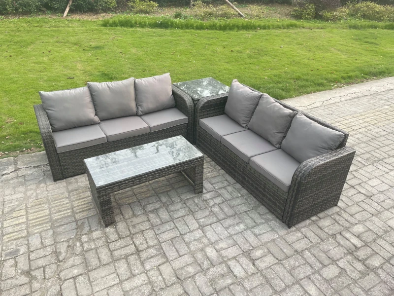 Image of Fimous 6 Seater Outdoor Rattan Garden Furniture Set with Patio Lounge Sofa Set with Rectangular Coffee Table Side Table Dark Grey