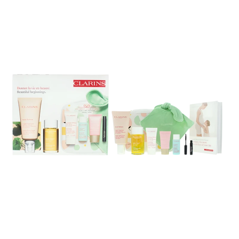 Image of Clarins Beautiful Beginnings Marternity 5 Piece Gift Set: Body Oil 100ml - Body Scrub 30ml - Day Cream 15ml - Legs Emulsion 30ml - Mascara 3ml - Body
