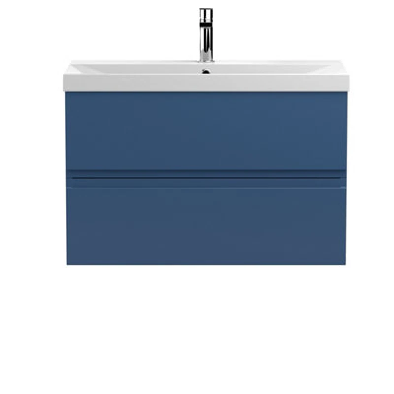 Image of Nuie Hudson Reed Urban Wall Hung 2 Drawer Vanity Unit With Thin-Edge Ceramic Basin, Modern Bathroom Furniture In Satin Blue, 800mm
